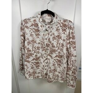 Laura Ashley 100% Linen Floral Toile Blouse Lace Trim Cottagecore Prairie L